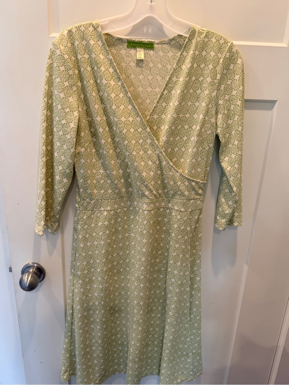 Sigrid Olsen Wrap Dress Small Green Print 3/4 Sleeve Midi Casual Everyday